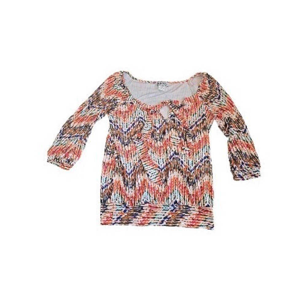 Kokoon Y2K Geometric MultiColor Abstract Blouse With Front Tie Sz M‎ 3/4 Sleeves